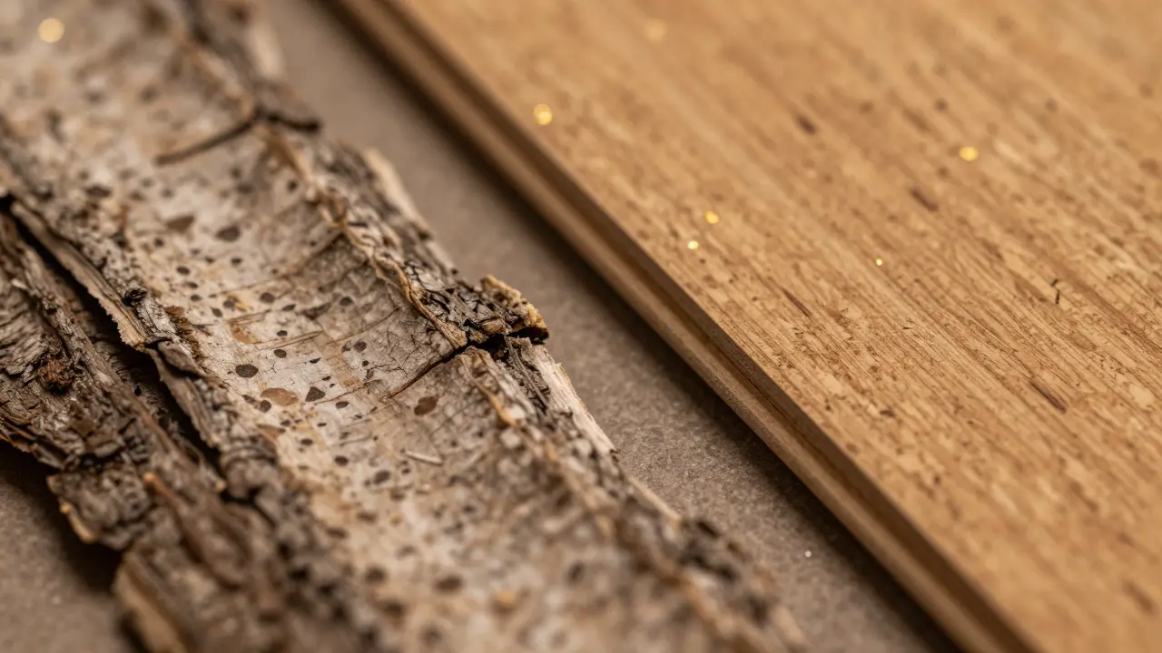 Detail struktury přírodního korku a hotové podlahy