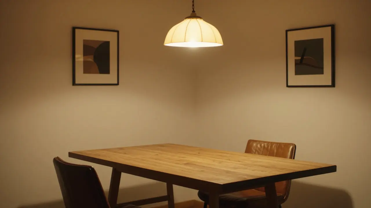 Jídelní stůl s retro židlemi a teplým světlem z Art Déco lampy