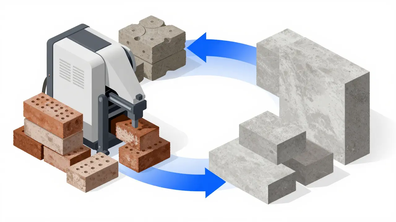 Koncept recyklace betonu: zrušení starých materiálů do nových stavebních prvků.