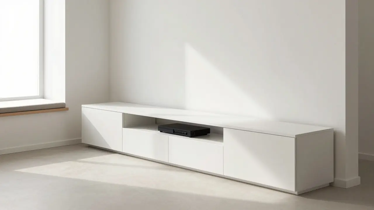 Minimalistický obývací pokoj se skrytým úložným prostorem v TV panelu