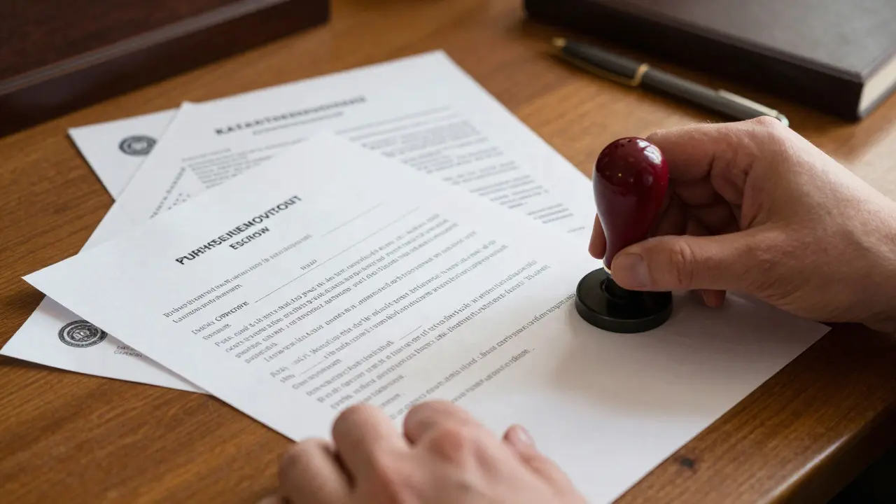 Notářský stůl s dokumenty pro úschovu peněz při koupi nemovitosti