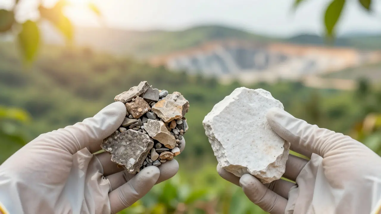 Porovnání recyklovaného materiálu a přírodního kamene v přírodním prostředí.