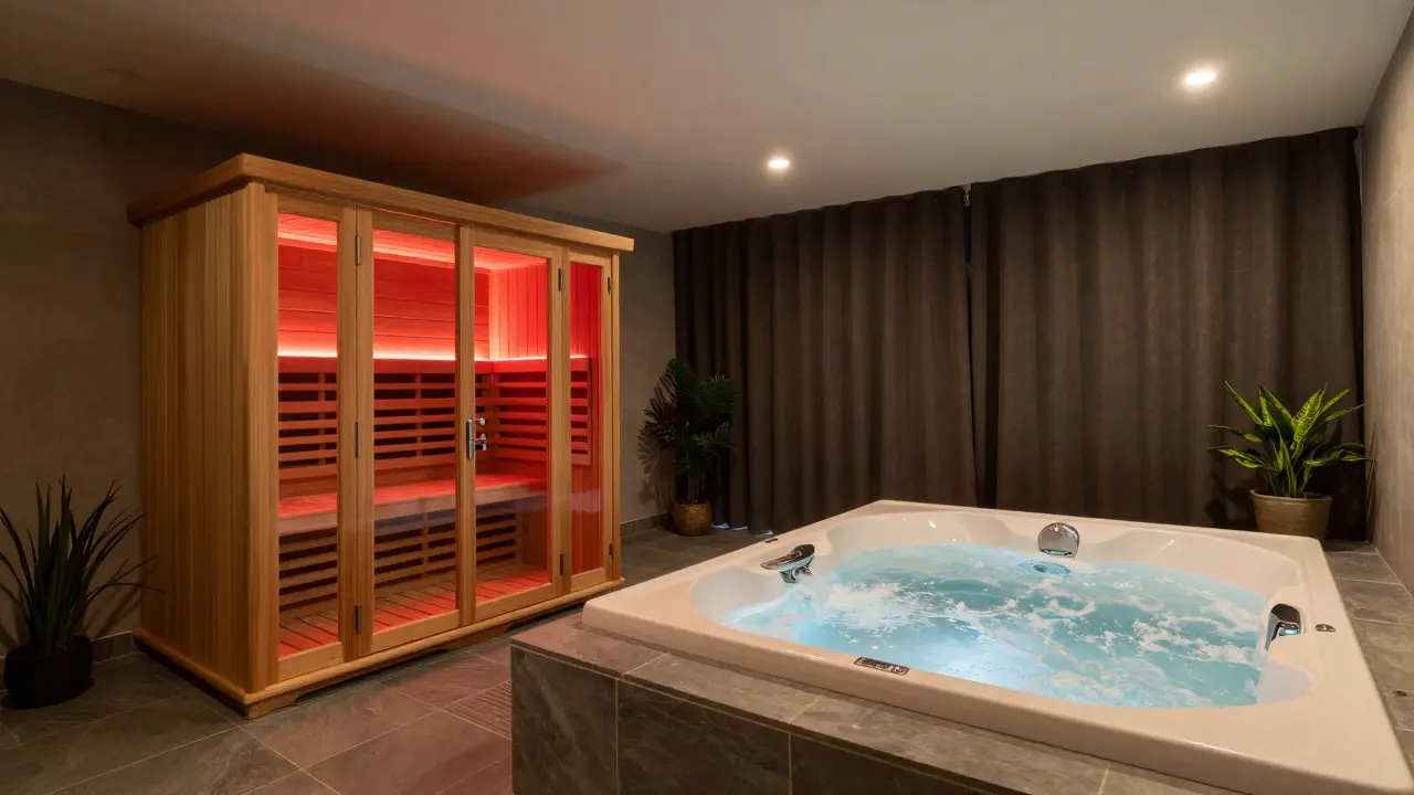 Prostorná koupelna se saunou a vířivkou pro domácí SPA