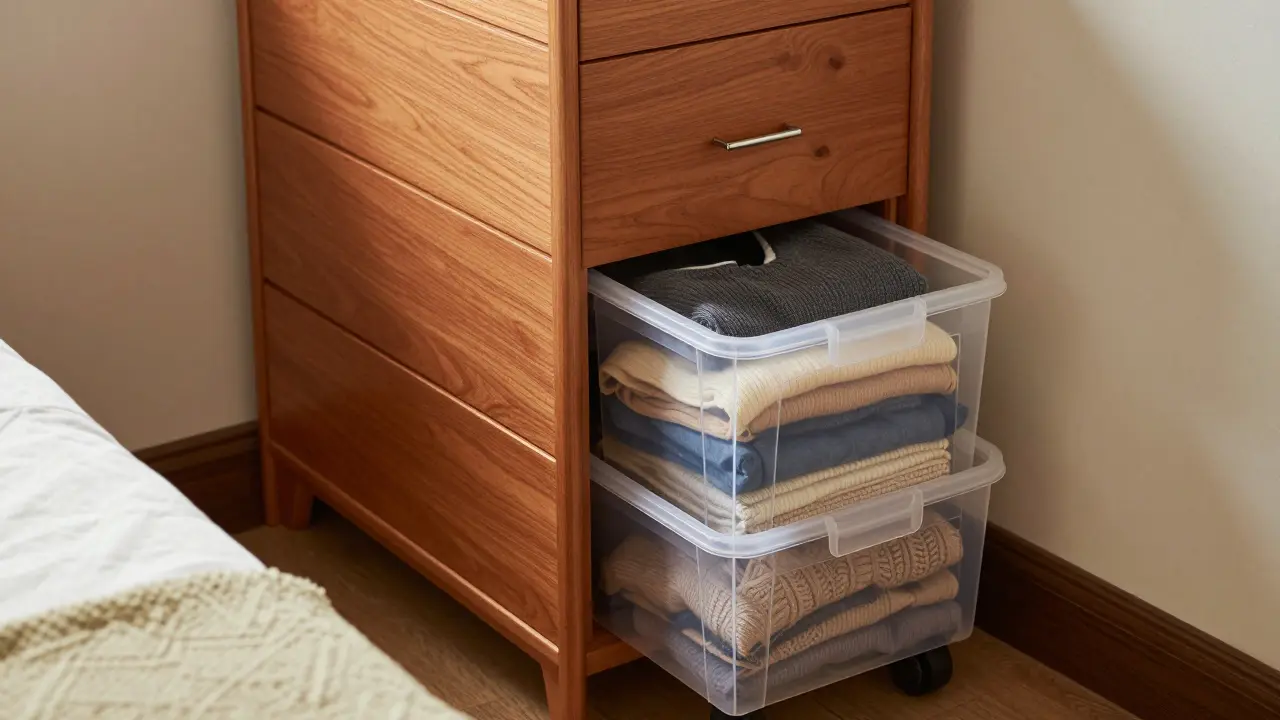 Vysoká komoda a průhledné boxy pod postelí pro organizaci šatníku