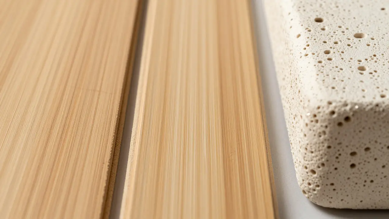Detail přírodních materiálů: dřevo, bambus a mycelium pro udržitelný interiér
