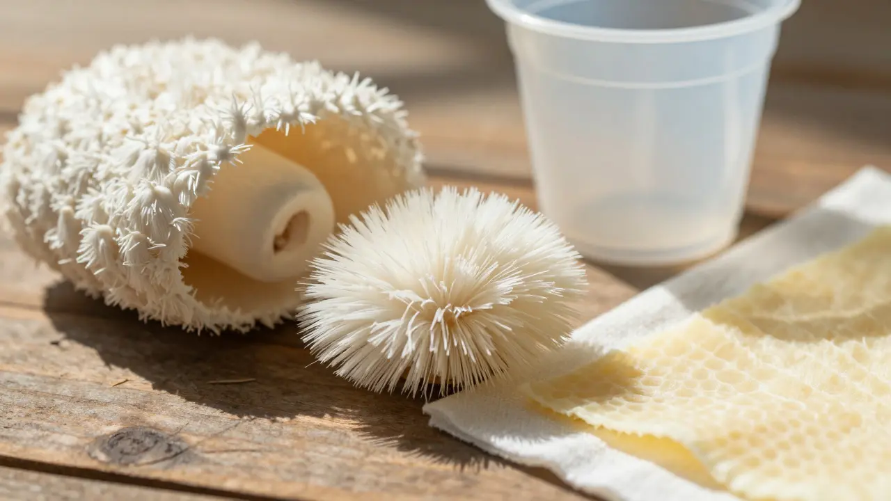 Detailní záběr na organické materiály jako houbové mycelium a voskované ubrousky na dřevěném stole.