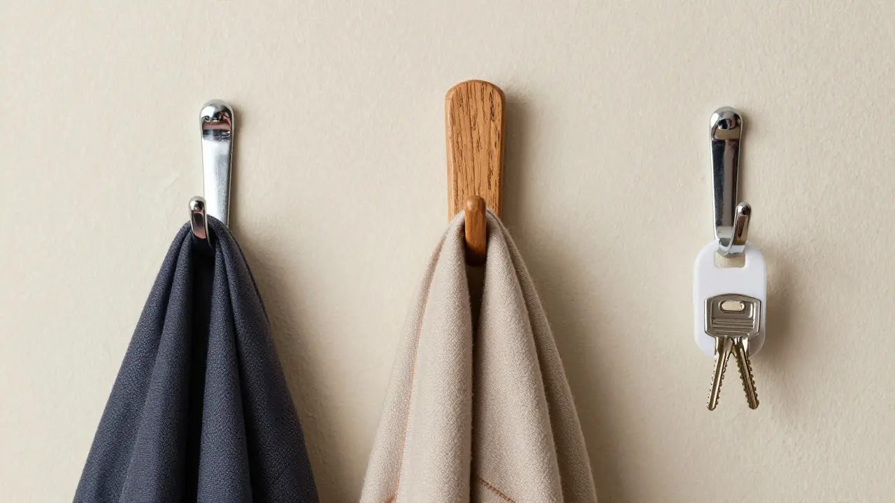 Detailní záběr různých materiálů háčků: kov, dřevo a plast