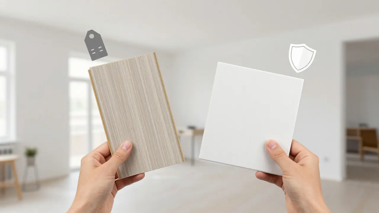 Ruce drží vzorky PVC a vinylu před bytem