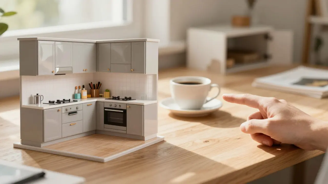 Srovnání 3D vizualizace a reálné fotografie hotového interiéru na stole