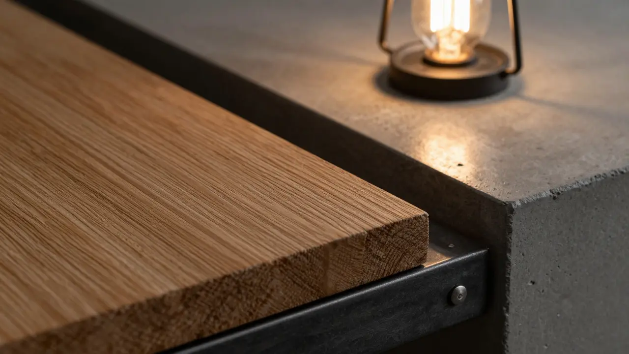 Detail materiálu: hrubé dřevo, kov a beton v teplém světle
