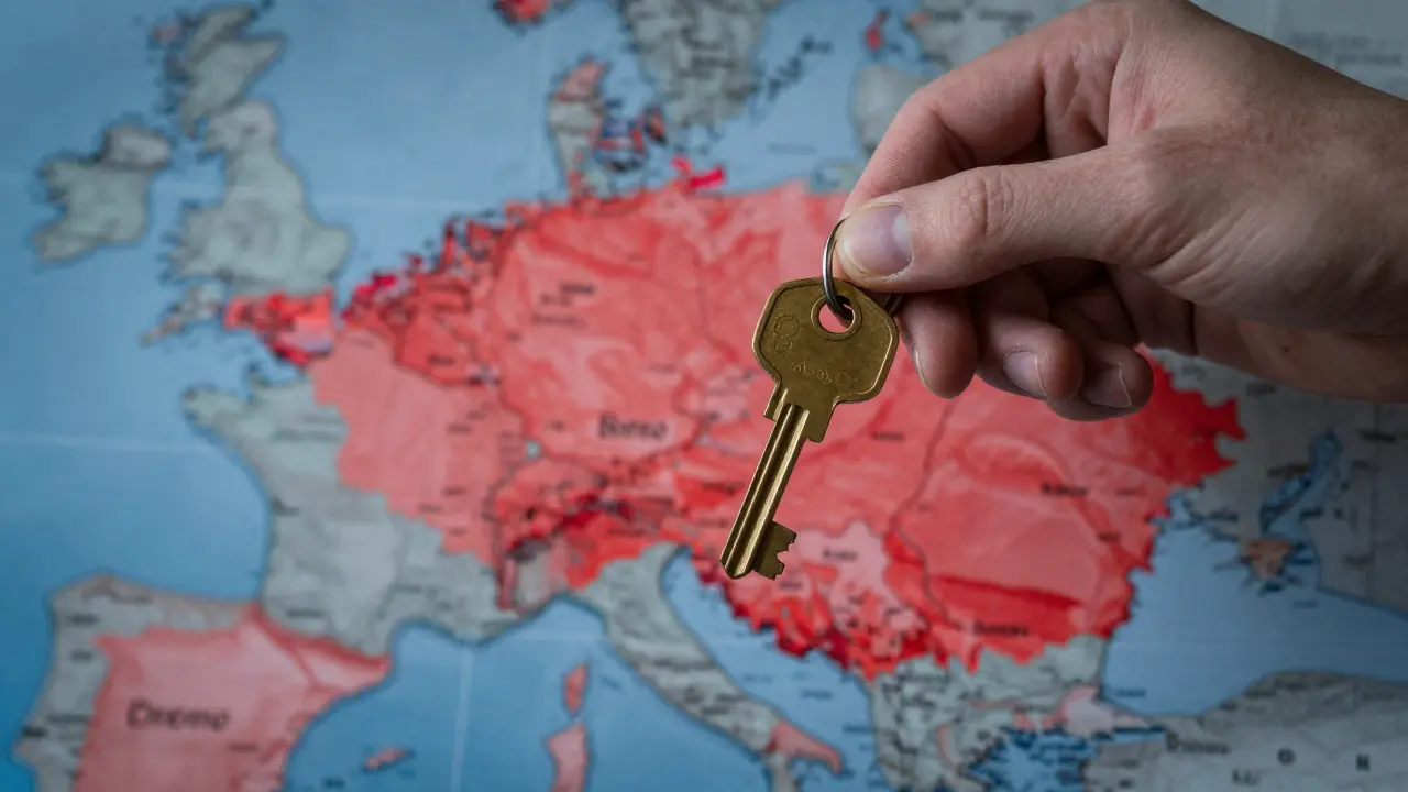 Klíč v ruce před rozmazanou mapou ČR s tepelnou mapou cen nemovitostí