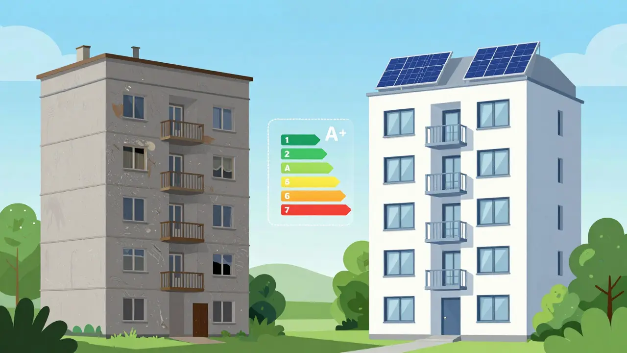 Kontrast mezi starým bytovým domem a moderní zateplenou budovou