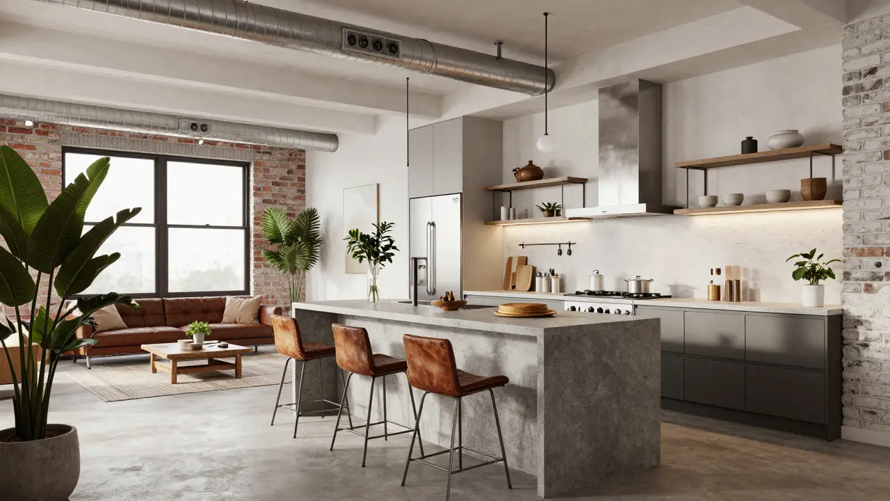 Prostorná loftová kuchyně ve stylu Soft Industrial s rostlinami