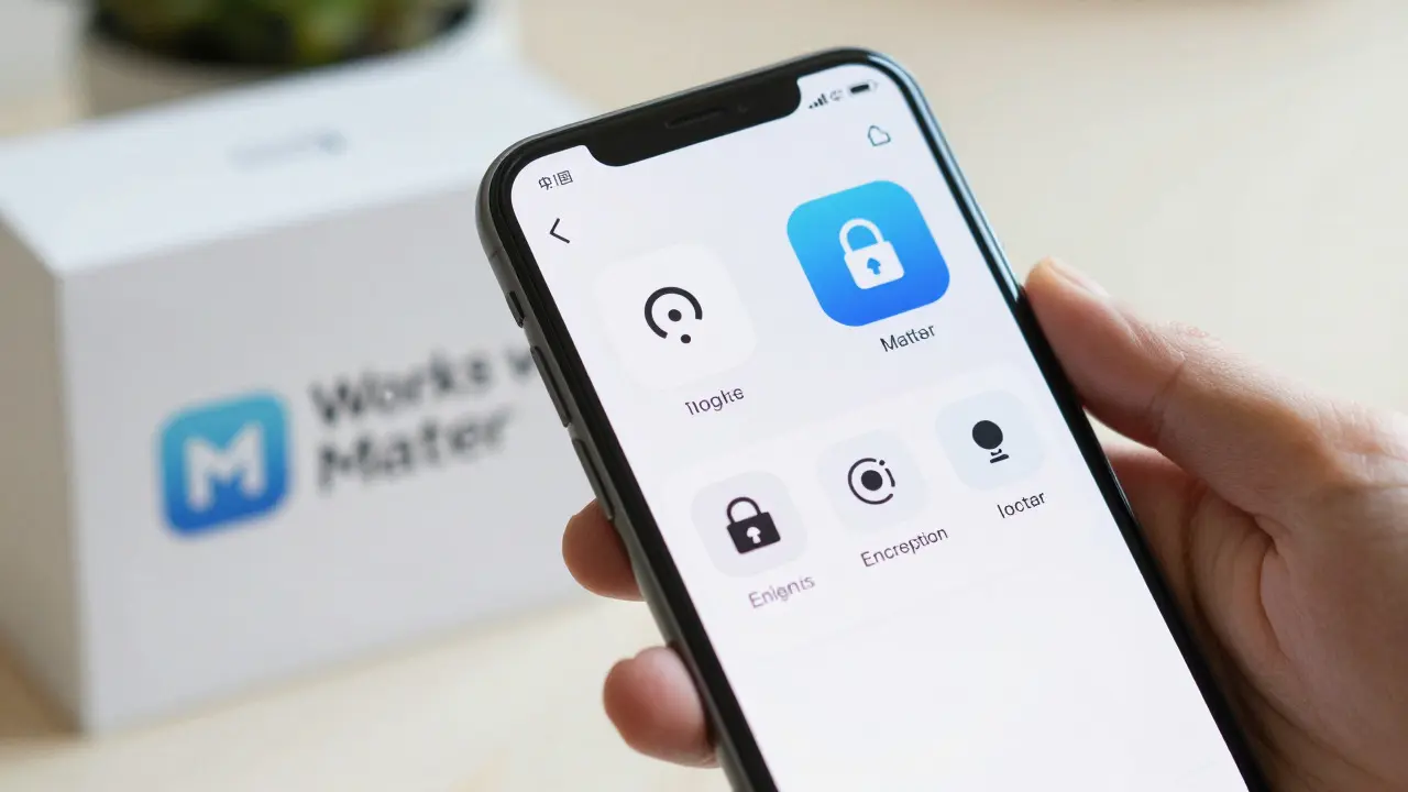 Smartphone s aplikací pro chytrou domácnost a logem Matter na pozadí
