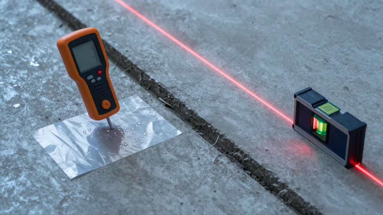 Test vlhkosti podkladu fólií a laserová kontrola rovnosti