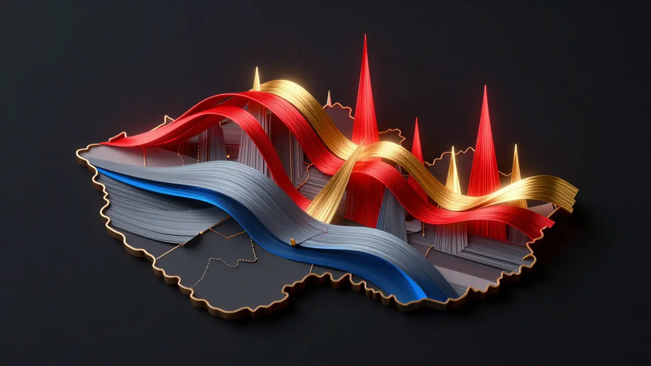 Abstraktní mapa ČR s barevnými pásky ukazujícími trendy cen