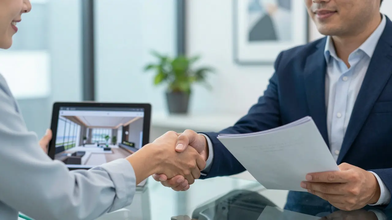 Architect and corporate representative shaking hands over a design proposal