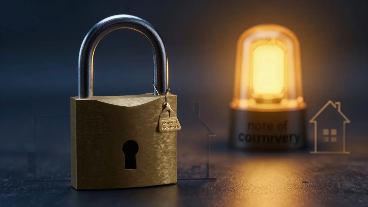 Conceptual art showing a padlock blocking a house versus a warning light signaling a dispute