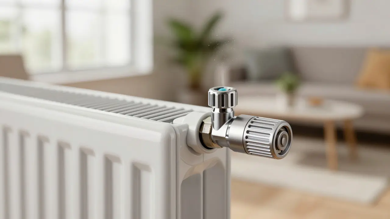 Detail termostatického ventilu na radiátoru v osvětleném obývacím pokoji
