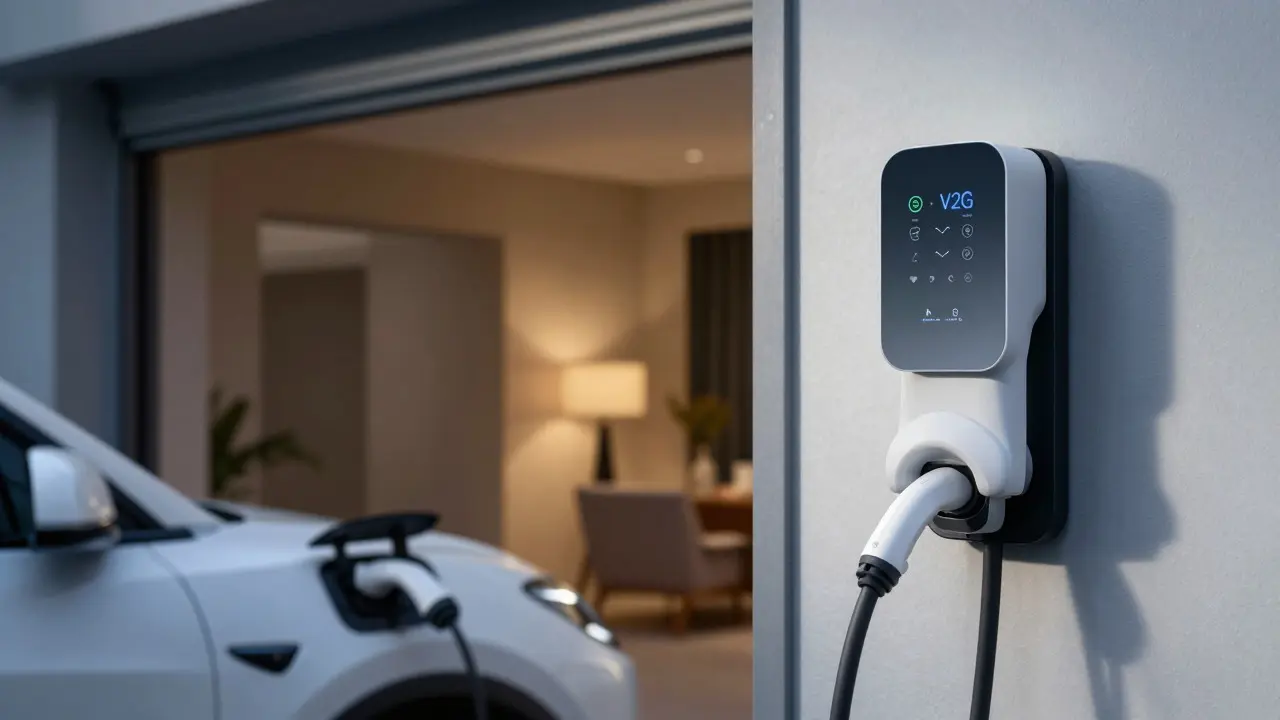 Elektromobil nabíjející se v garáži připojený k chytré domácnosti