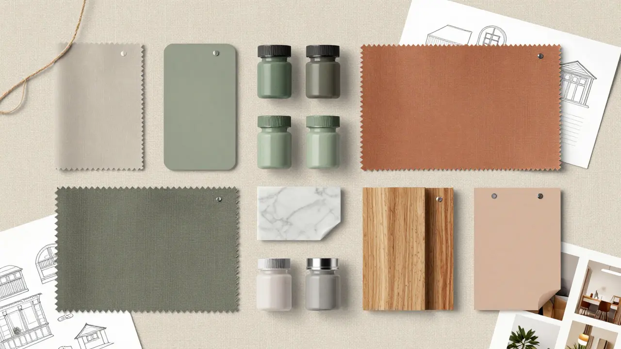 Flat lay of fabric, paint, and wood samples with architectural sketches on beige cloth