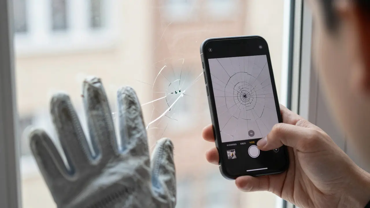 Fotografování prasklého okna telefonem pro účely pojistné události