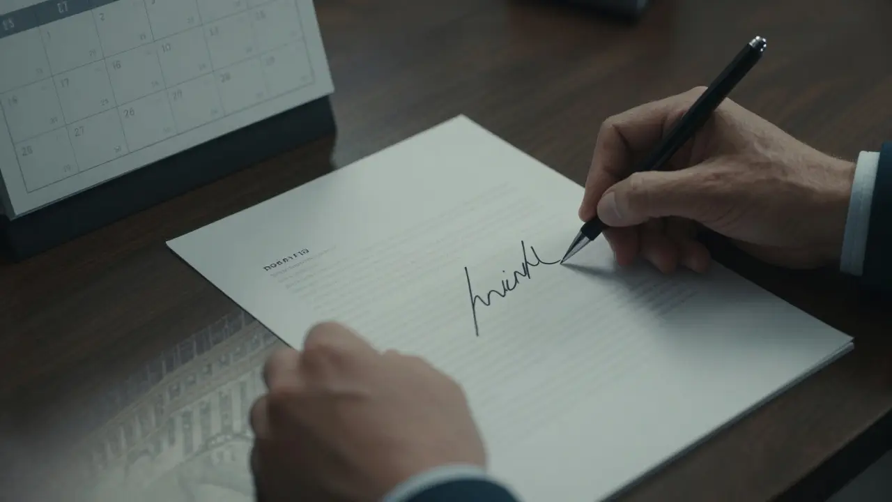 Hands signing a legal petition near a calendar marking a strict two-month deadline
