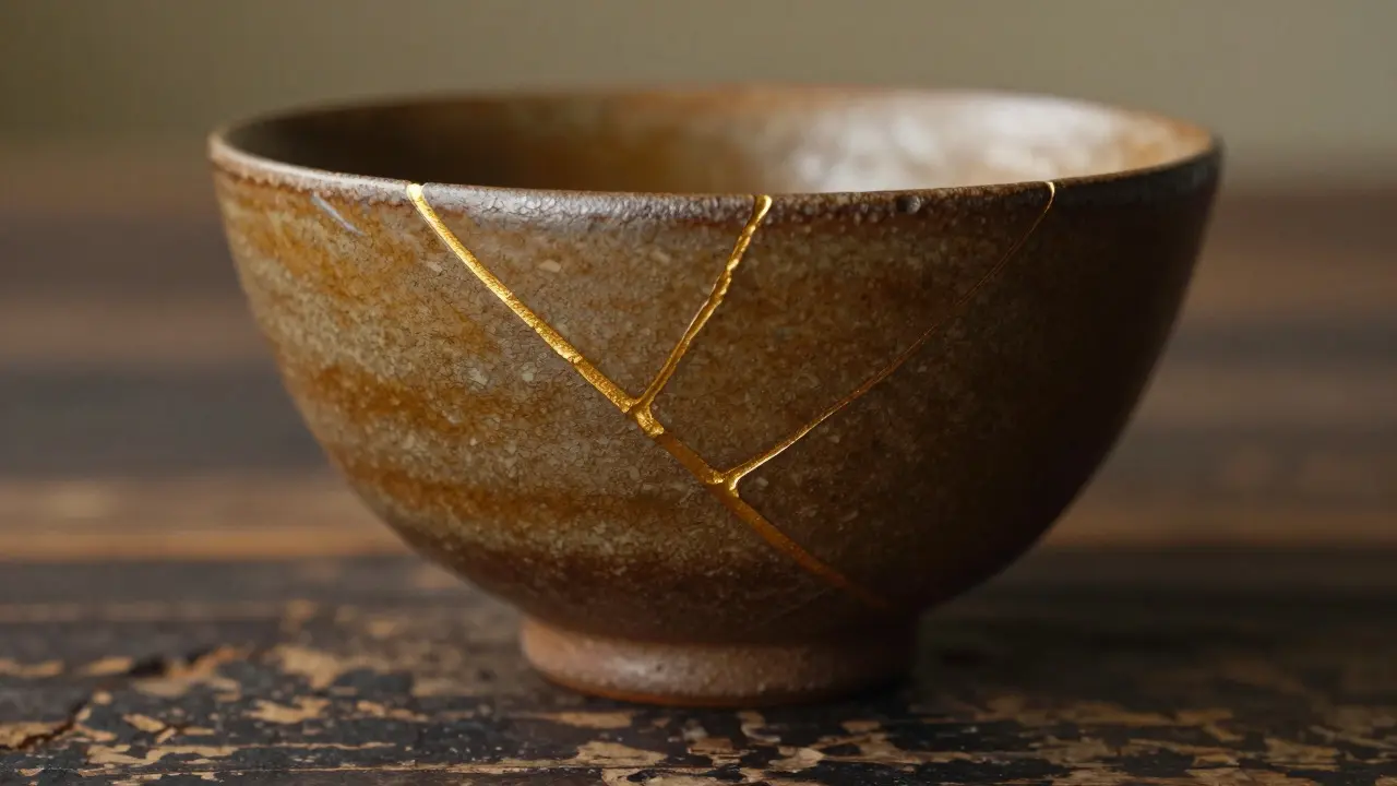 Keramická mísa opravená technikou Kintsugi se zlatými prasklinami