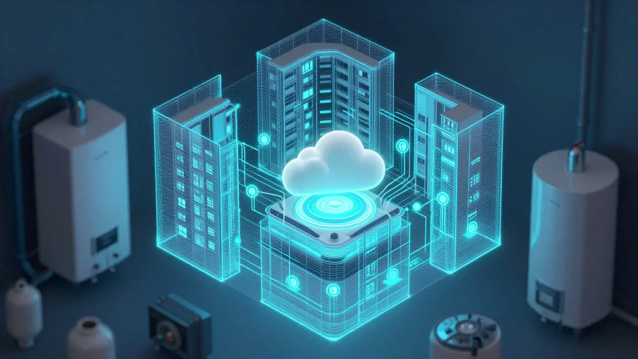 Koncept chytrého řízení vytápění s IoT senzory a datovými uzly