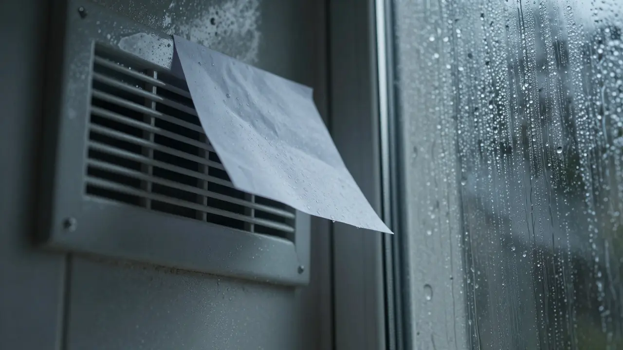 Kondenzace na okně a ucpaná ventilační mřížka v koupelně