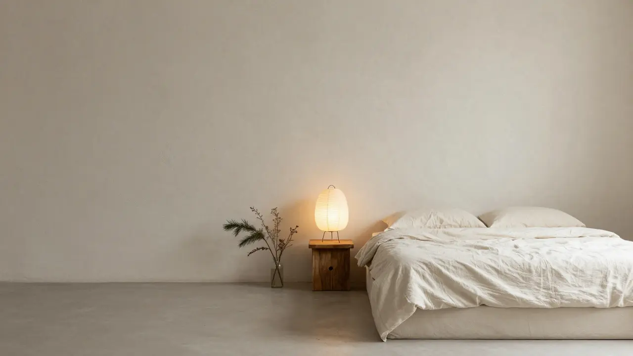 Minimalistický pokoj s přírodními látkami a teplým světlem