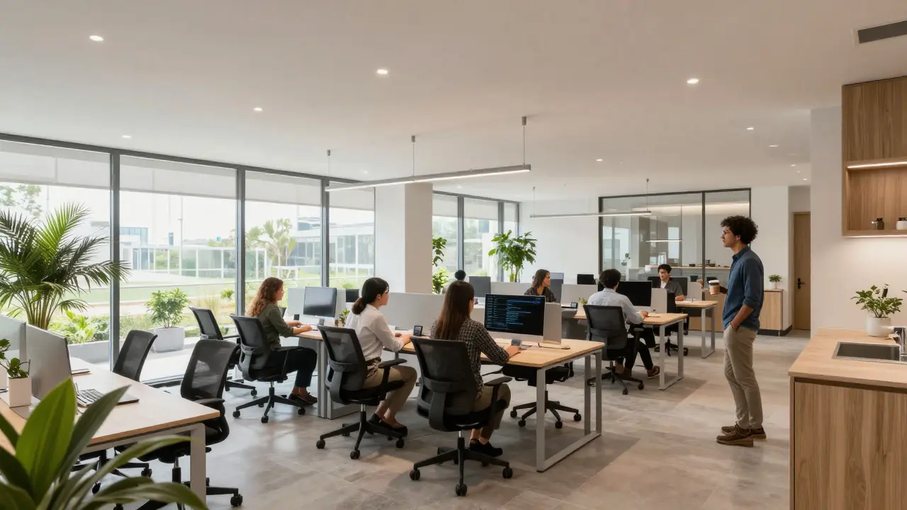 Moderní coworkingový prostor s lidmi pracujícími na stolech
