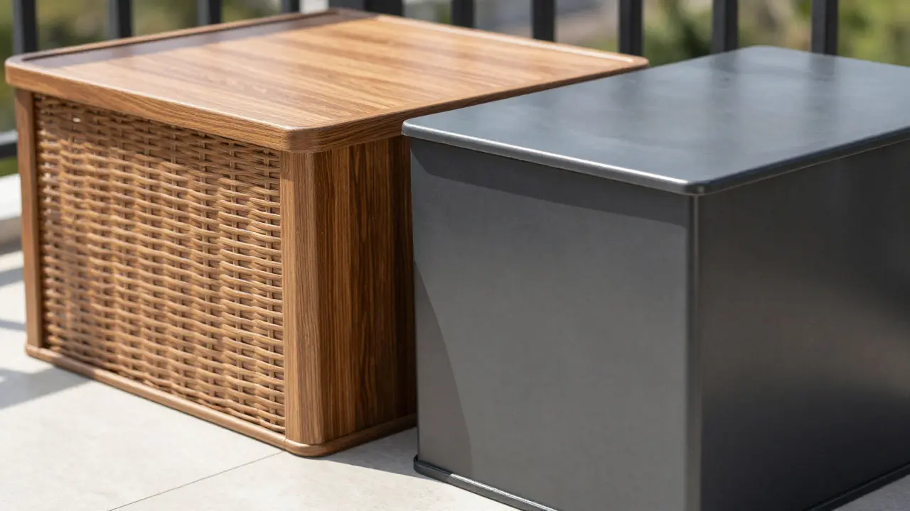 Plastový a kovový úložný box vedle sebe na balkóně