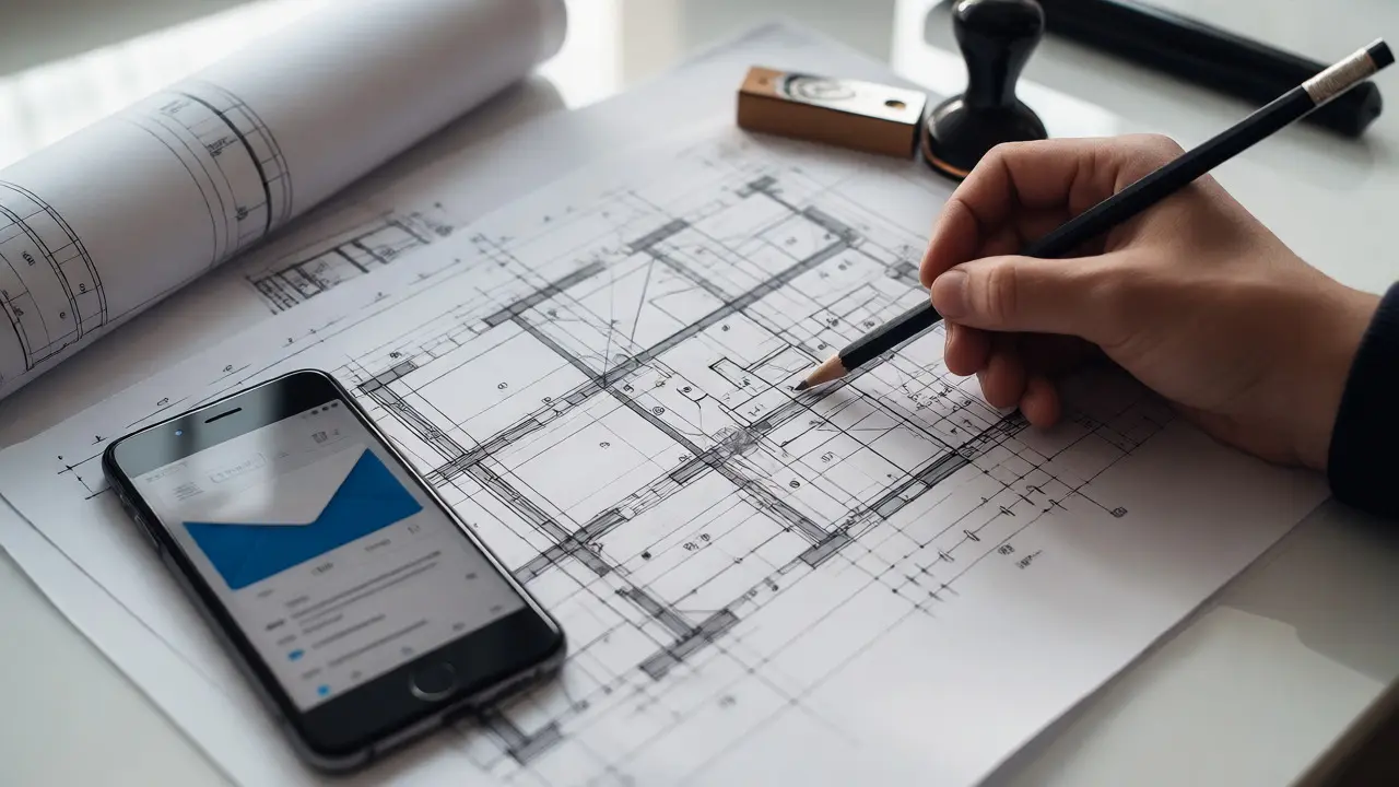 Detail architektonických výkresů a razítka na pracovním stole
