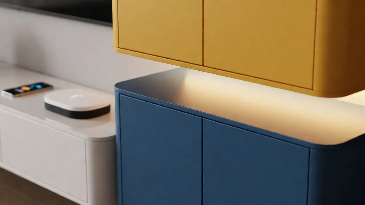 Detail obývací stěny s barevnými dvířky a vestavěným LED osvětlením