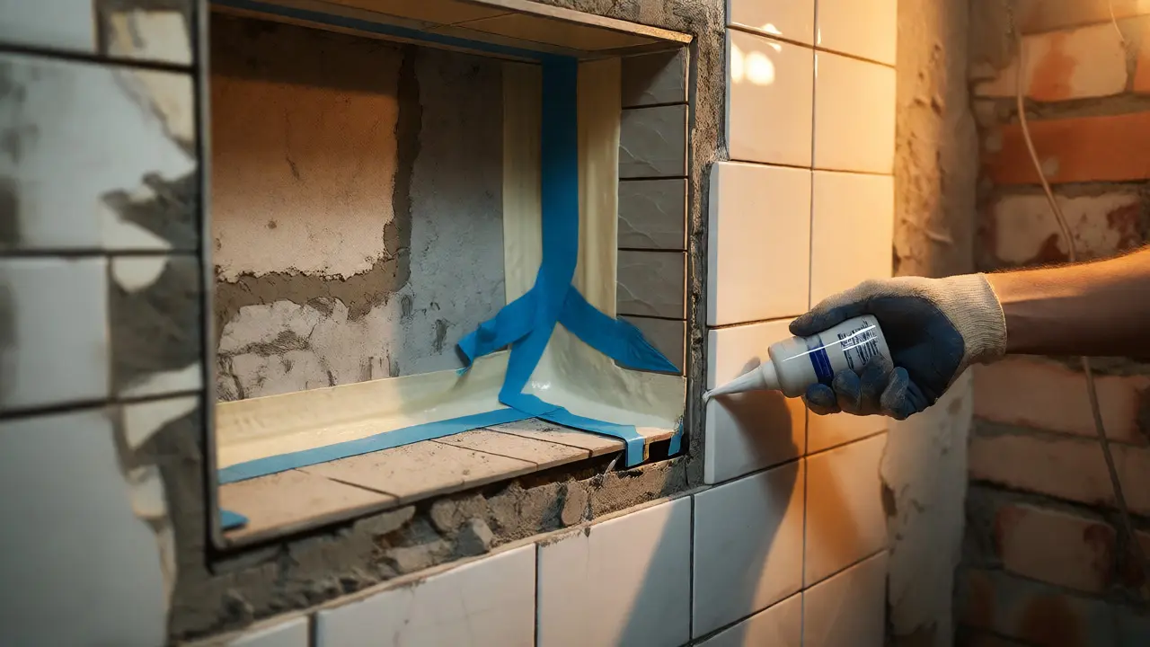Detailní řez konstrukcí sprchové niky s viditelnou hydroizolací