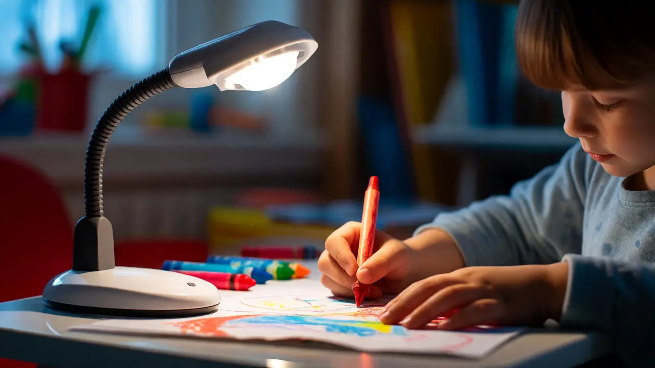 Dětské rty kreslící pod jasným světlem nastavitelné LED stolní lampy.