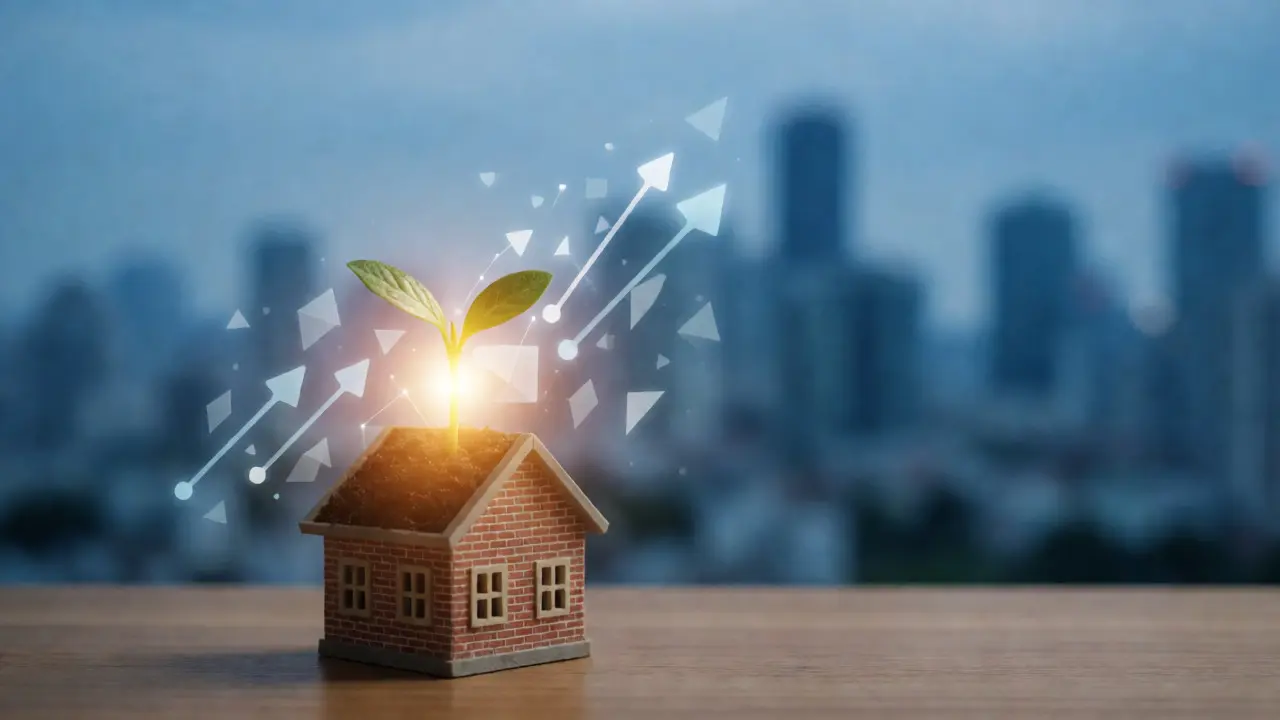 Konceptuální vizualizace růstu investice z malého nemovitostního projektu.