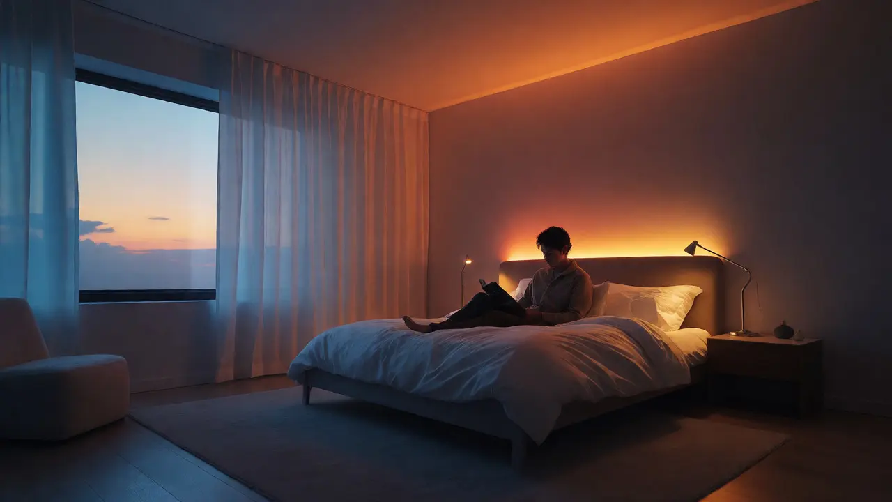Ložnice s inteligentním stmívatelným osvětlením pro večerní relaxaci