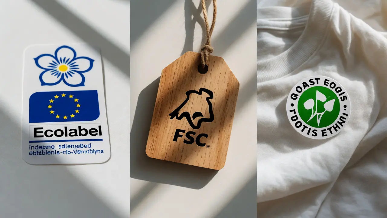 Porovnání log EU Ecolabel, FSC a GOTS na různých výrobcích