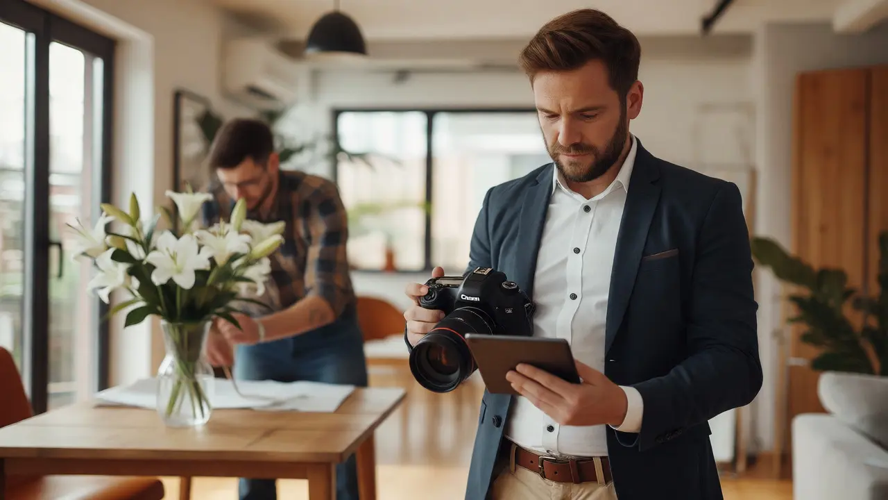 Realitní makléř kontroluje fotky v moderně upraveném interiéru během focení