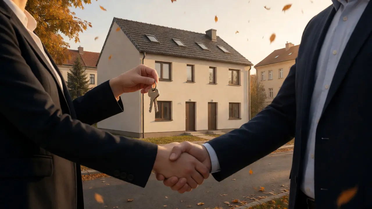 Rukojetí investora a developera před malým novostaveným domem na ulici.