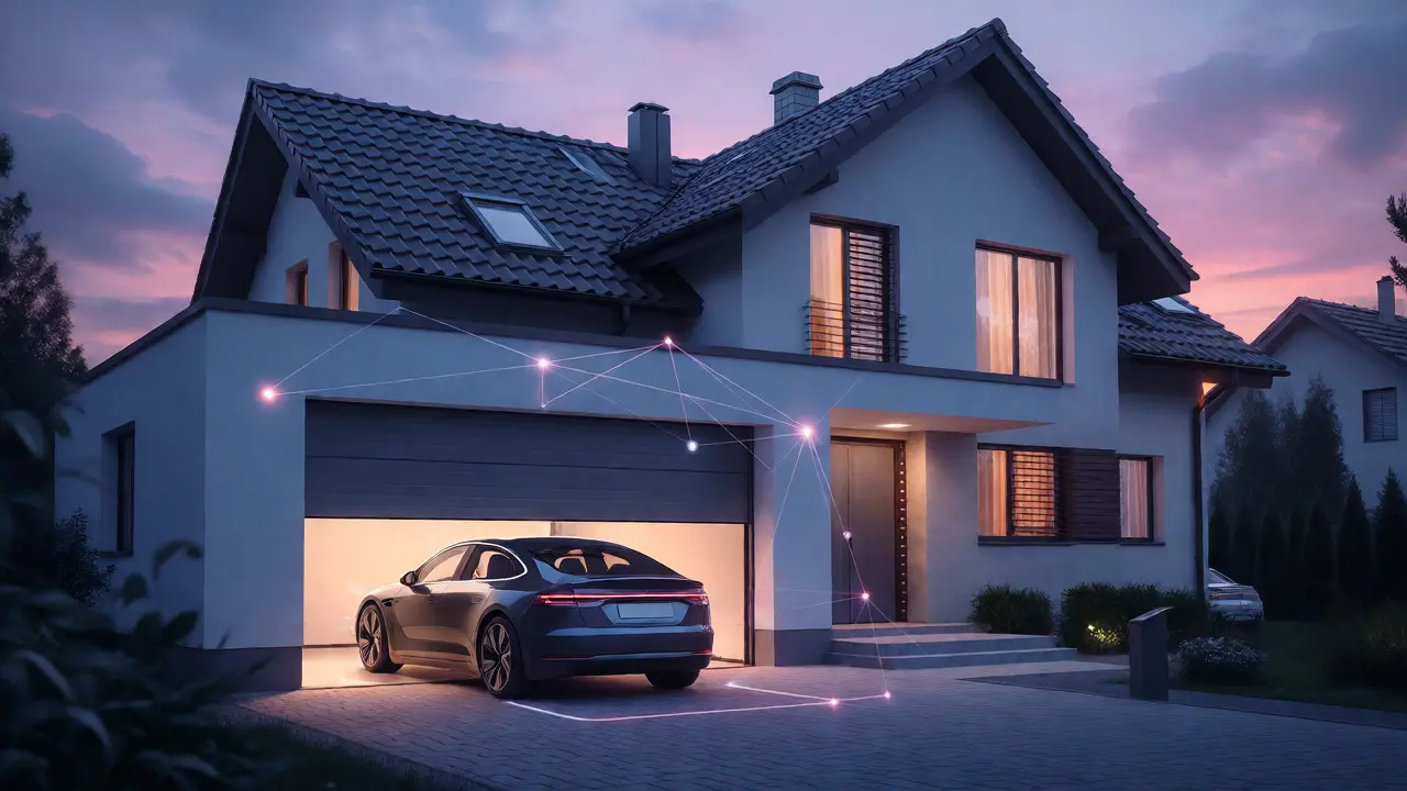Autonomní auto zajíždí do chytré garáže propojené s inteligentní domácností.