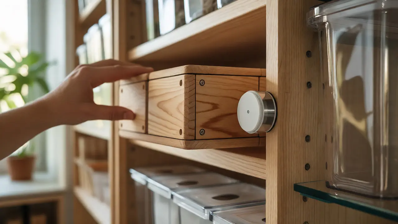 Detail ruky odkládající dřevěný úložný box vedle chytrého senzoru v kuchyni.