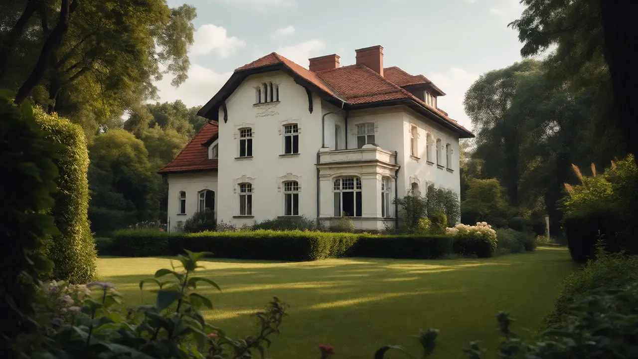 Historická vila s rozsáhlou zahradou ve čtvrti Hanspaulka v klidném odpoledním světle.