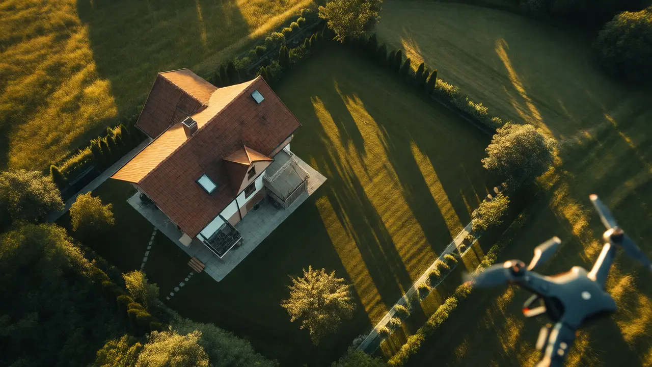 Letecký pohled na rodinný dům se zahradou z dronu