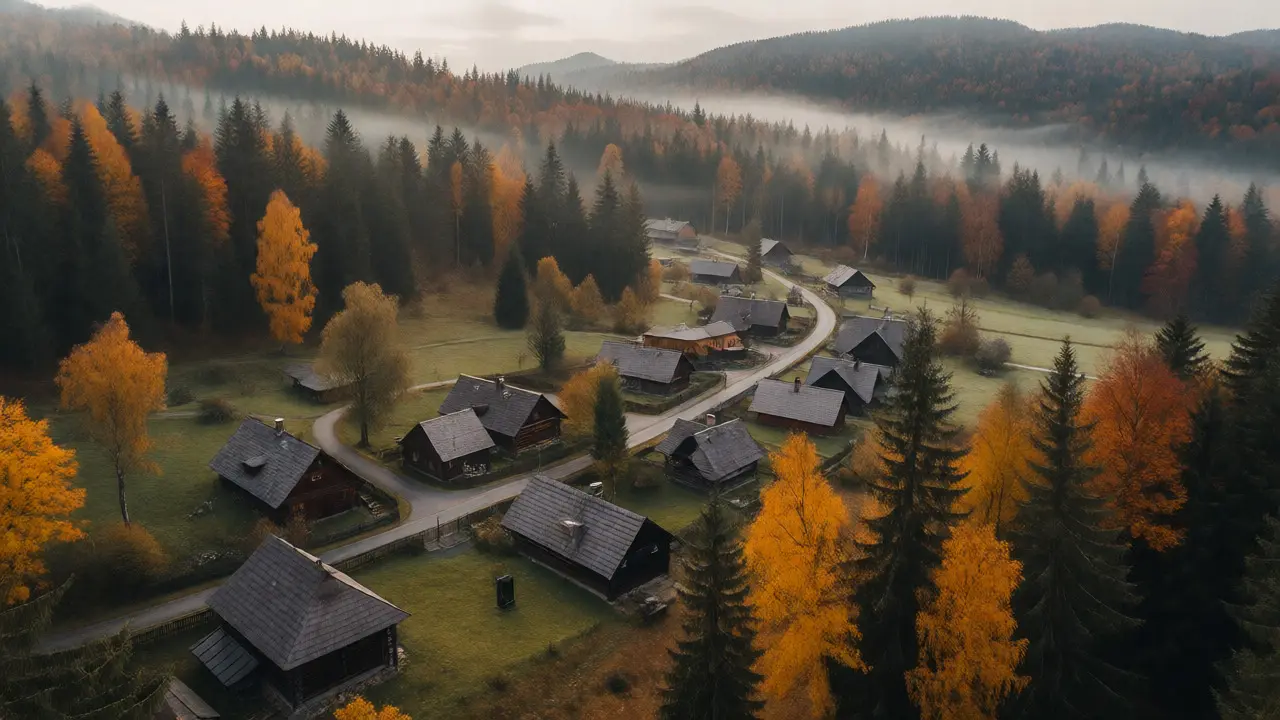 Letecký pohled na vesnici u hranic Národního parku Šumava obklopenou podzimním lesem.