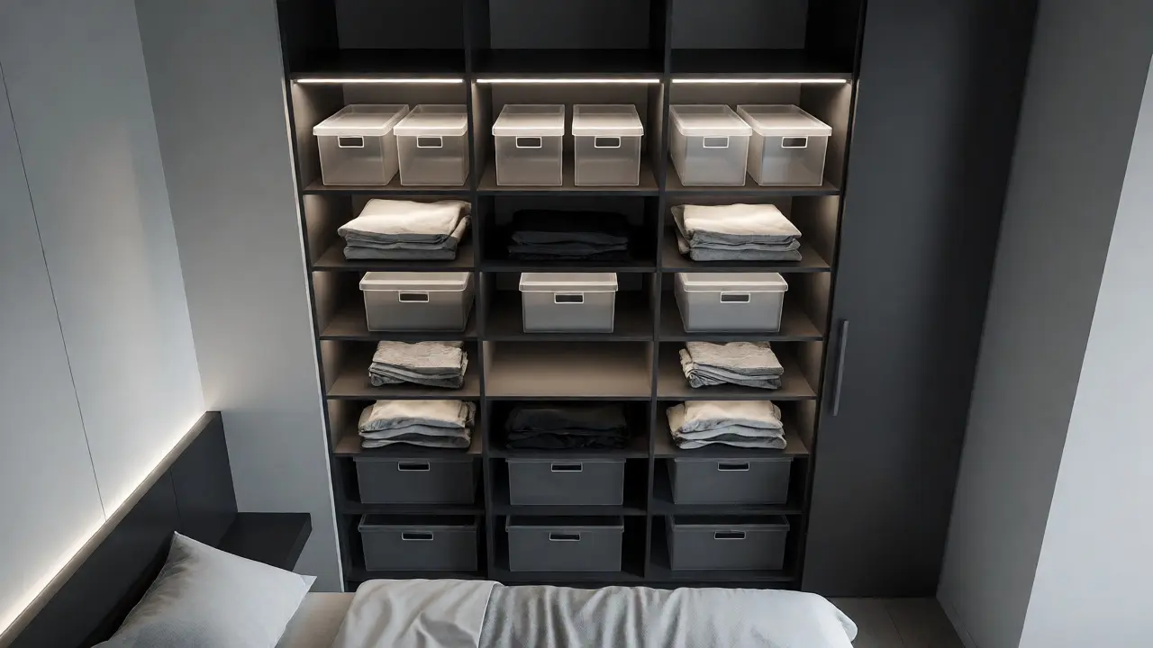 Moderní vestavěná skříň sahající ke stropu s integrovaným LED osvětlením a úložnými boxy.