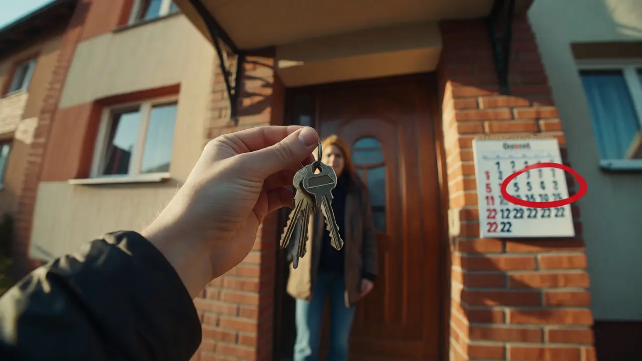 Nový vlastník drží klíče od bytu před vstupními dveřmi po dokončení převodu.