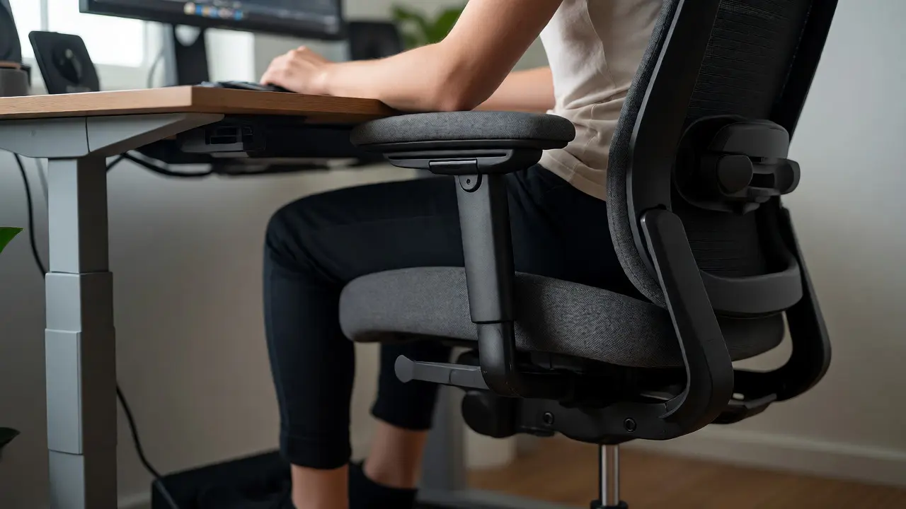 Osoba sedící ve správné ergonomické pozici u nastavitelného pracovního stolu